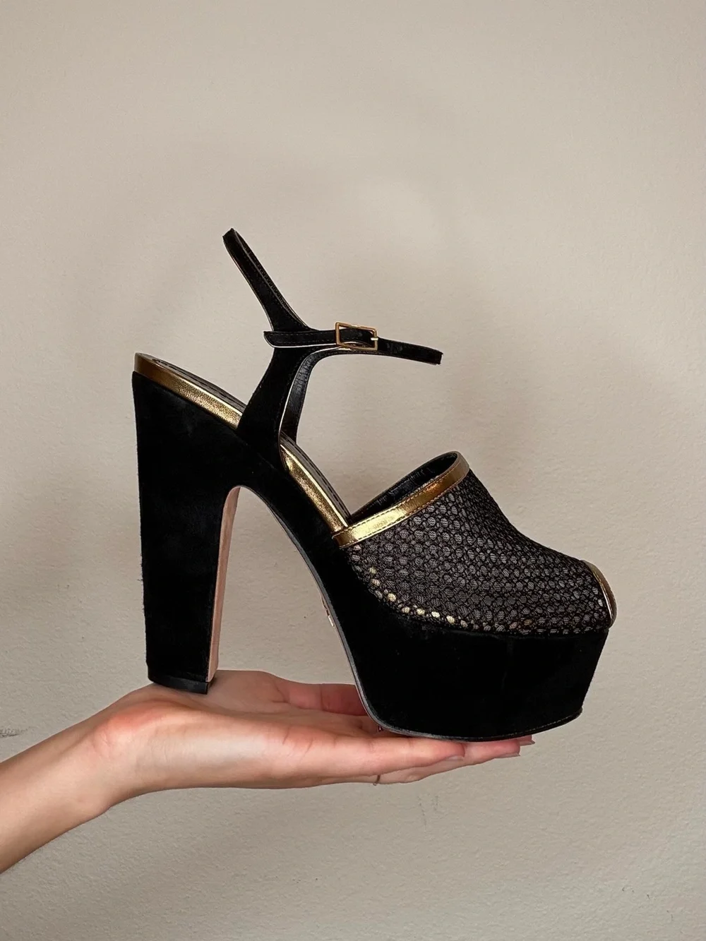Dior Black and Gold Woven Peep-Toe Platform Heels